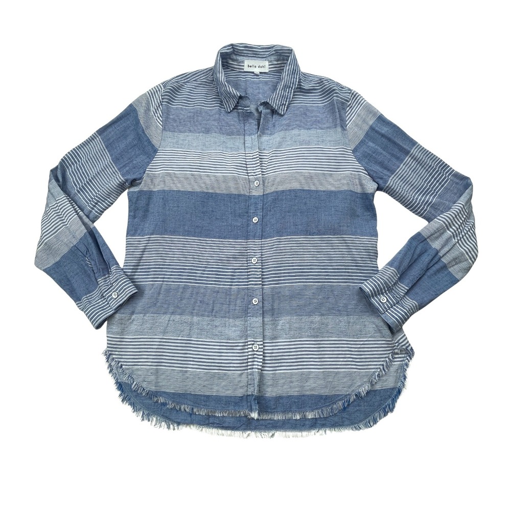 Bella Dahl Striped Linen Blend Button Down Shirt Raw Hem M Blue Coastal Resort